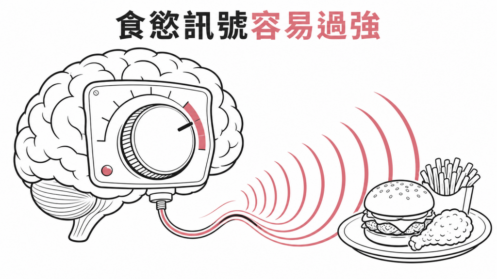 FTO基因變異可能影響大腦食慾訊號的線稿圖