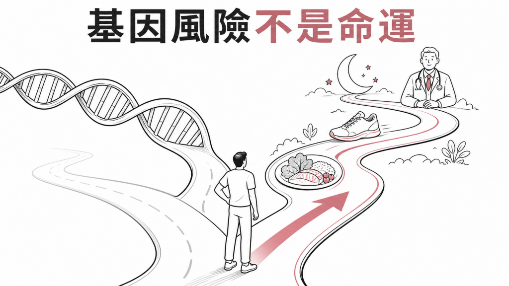 飲食活動睡眠與醫療支持可調整肥胖基因風險的線稿圖