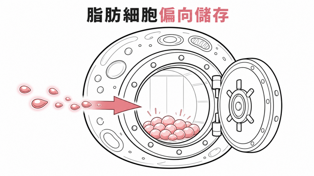 FTO基因與脂肪細胞能量儲存傾向的線稿圖