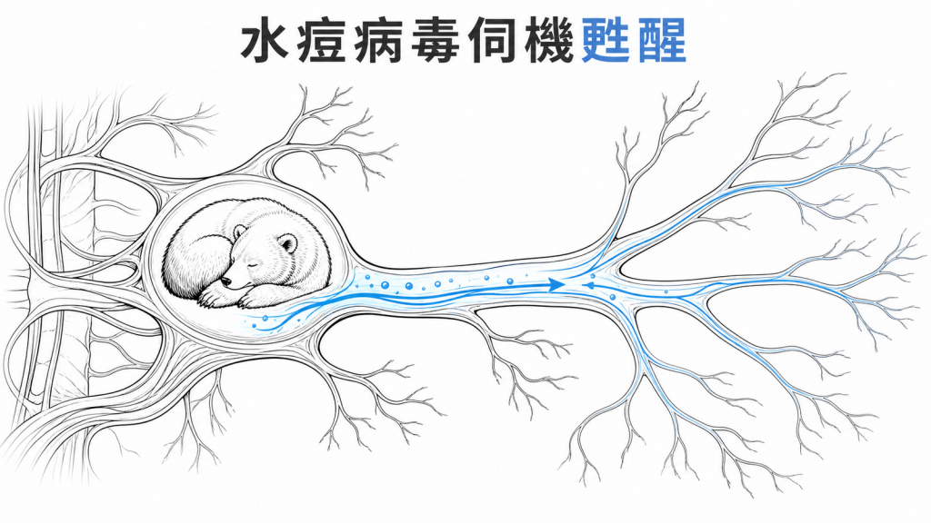 水痘帶狀皰疹病毒潛伏神經後再活化的線稿圖