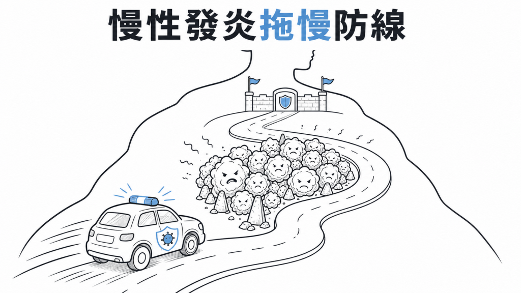肥胖相關慢性發炎影響免疫防線的線稿圖