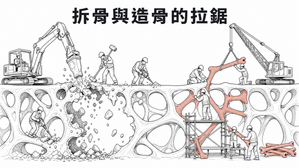 破骨細胞與造骨細胞失衡的骨骼重塑線稿圖