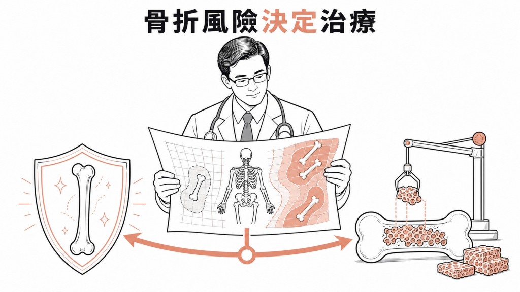 依骨折風險由醫師選擇骨質疏鬆治療的線稿圖