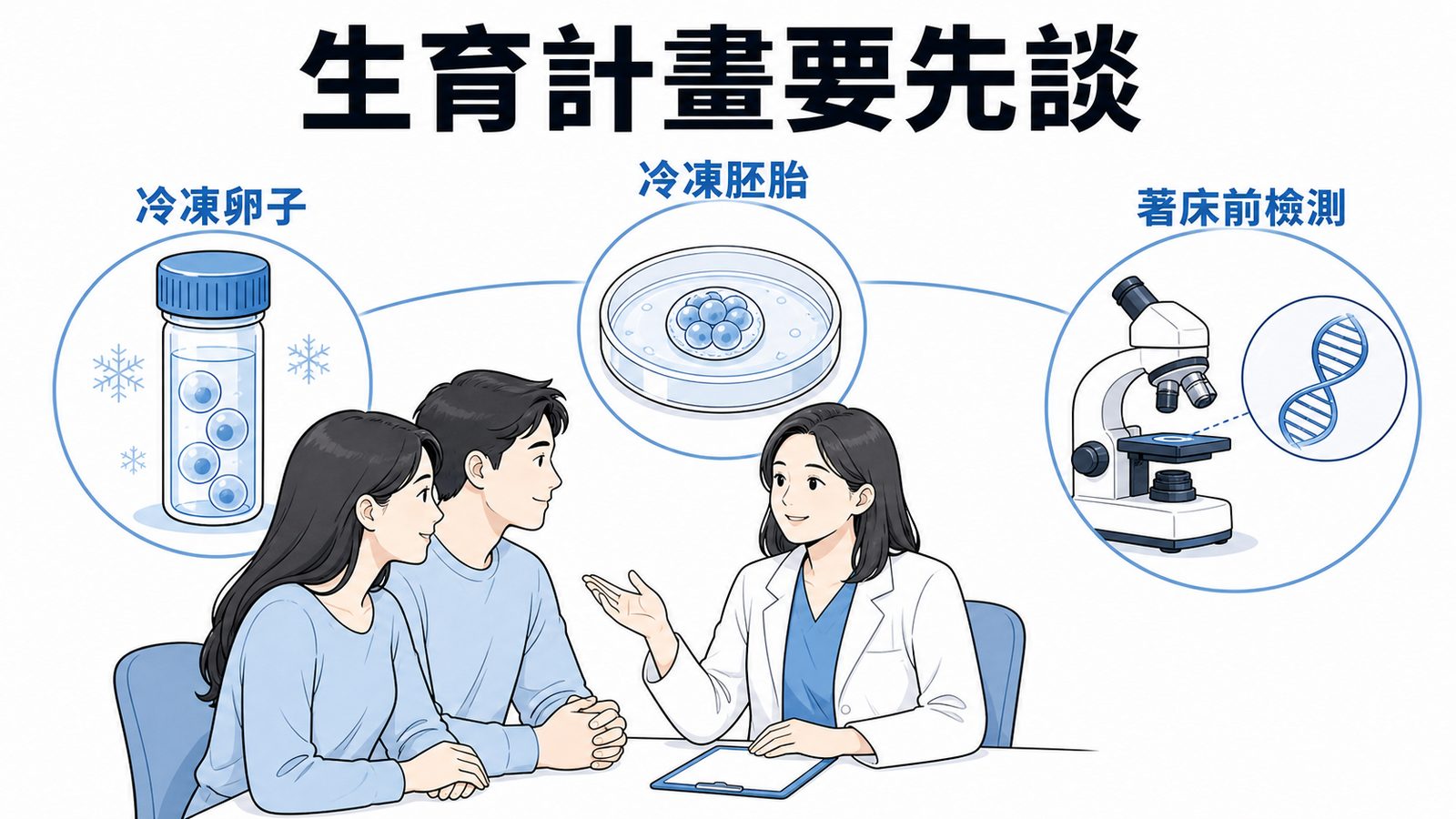 生育規劃選項示意圖:冷凍卵子、冷凍胚胎與著床前基因檢測