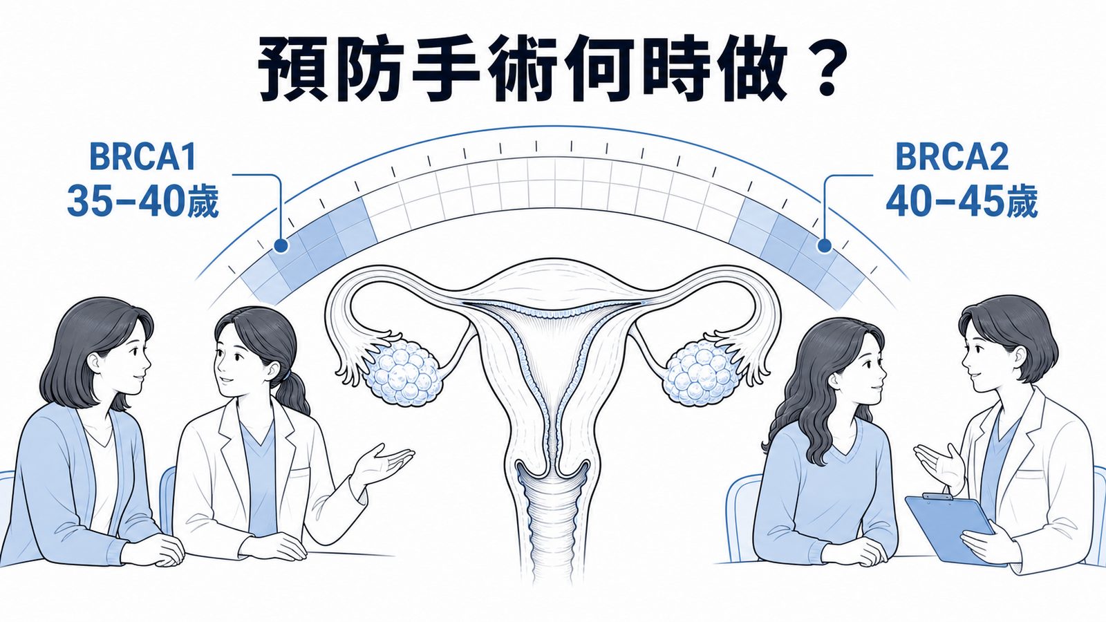 預防性手術時機示意圖:BRCA1 常在 35 到 40 歲安排,BRCA2 常在 40 到 45 歲