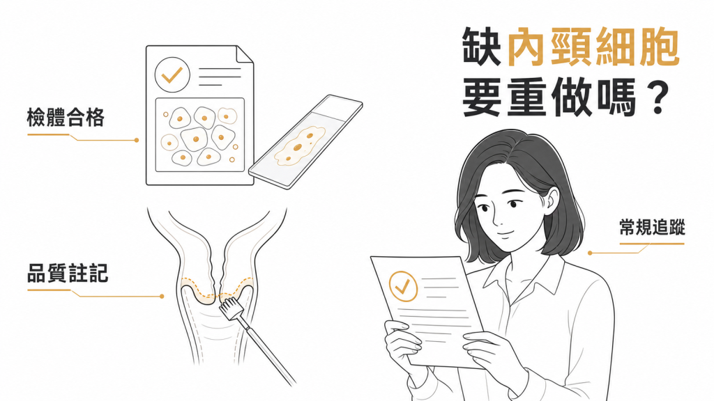 子宮頸抹片缺乏內頸細胞是否需要重做的資訊圖表:檢體合格、品質註記與常規追蹤