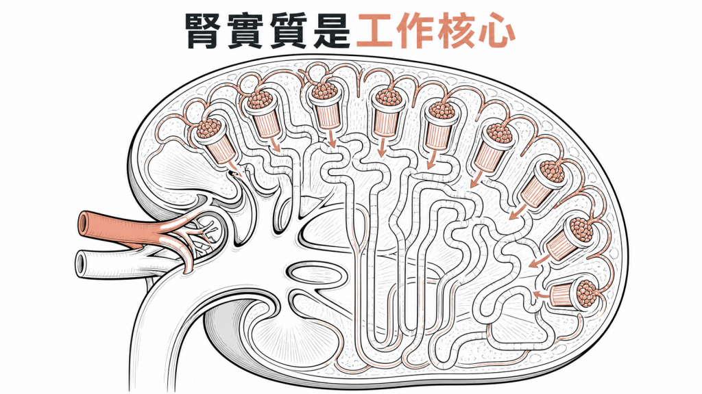 腎臟如淨水廠濾芯與管線示意