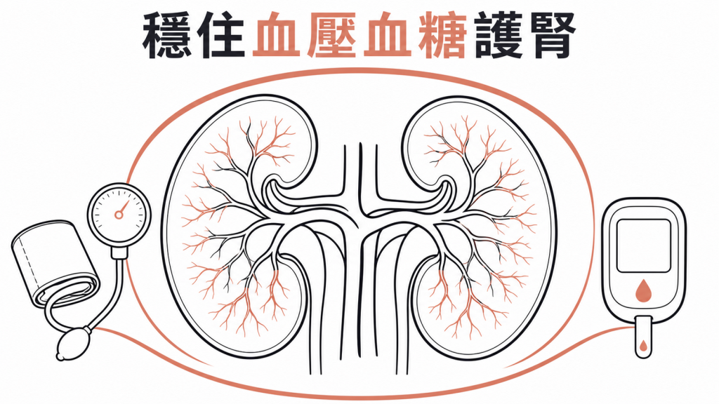 控制血壓血糖保護腎臟示意