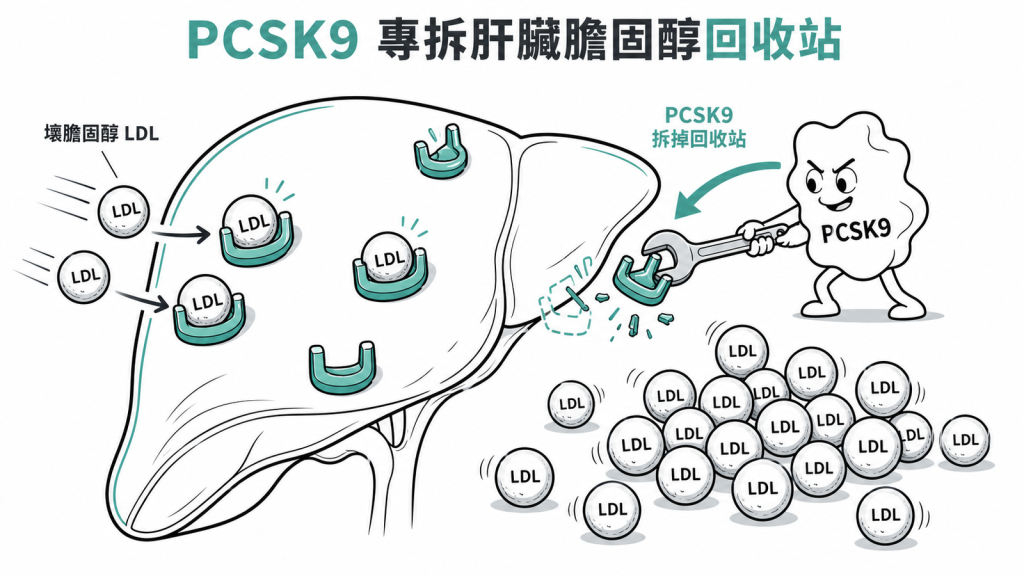 PCSK9 專拆肝臟膽固醇回收站，壞膽固醇因此堆積飆高