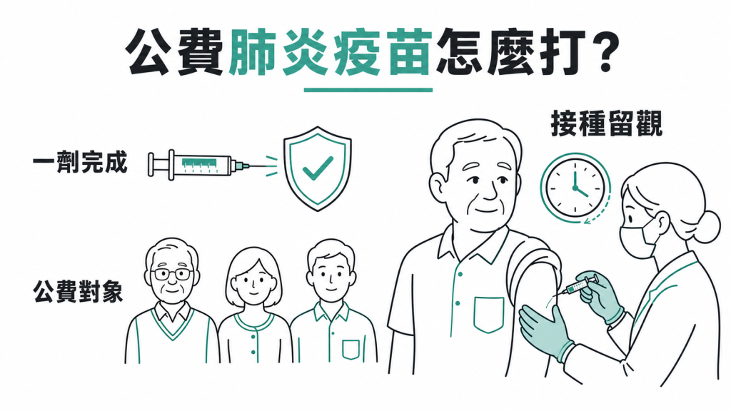公費肺炎鏈球菌疫苗資訊圖:單劑PCV20完成、公費對象、接種後留觀
