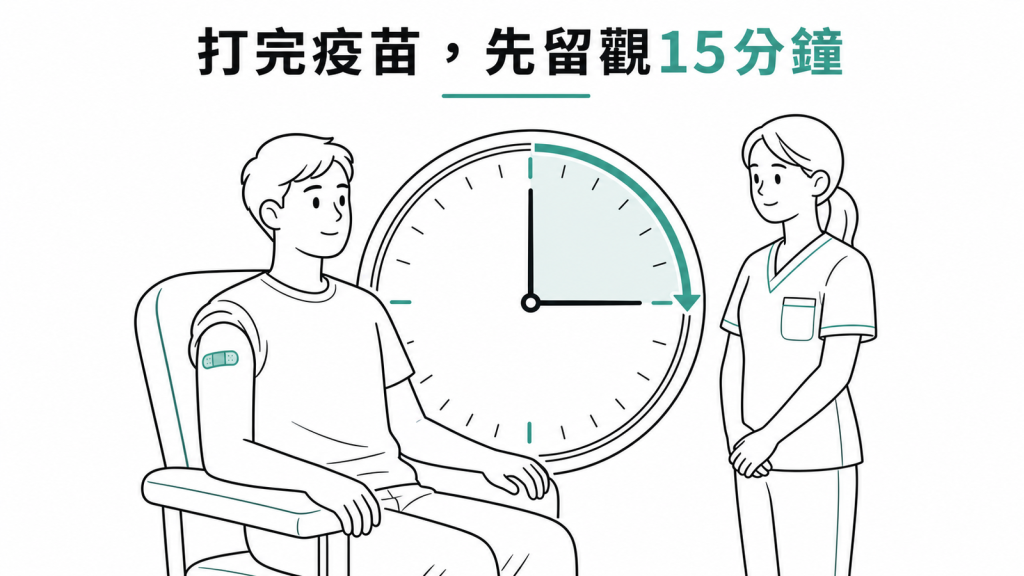 打完疫苗後在接種單位原地留觀至少15分鐘,確認沒有不適再離開