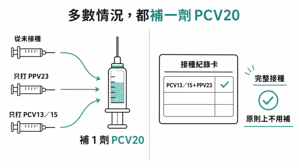 不論過去打過PPV23或PCV13/15、或從未接種,公費銜接幾乎都是補一劑PCV20,已完整接種者除外