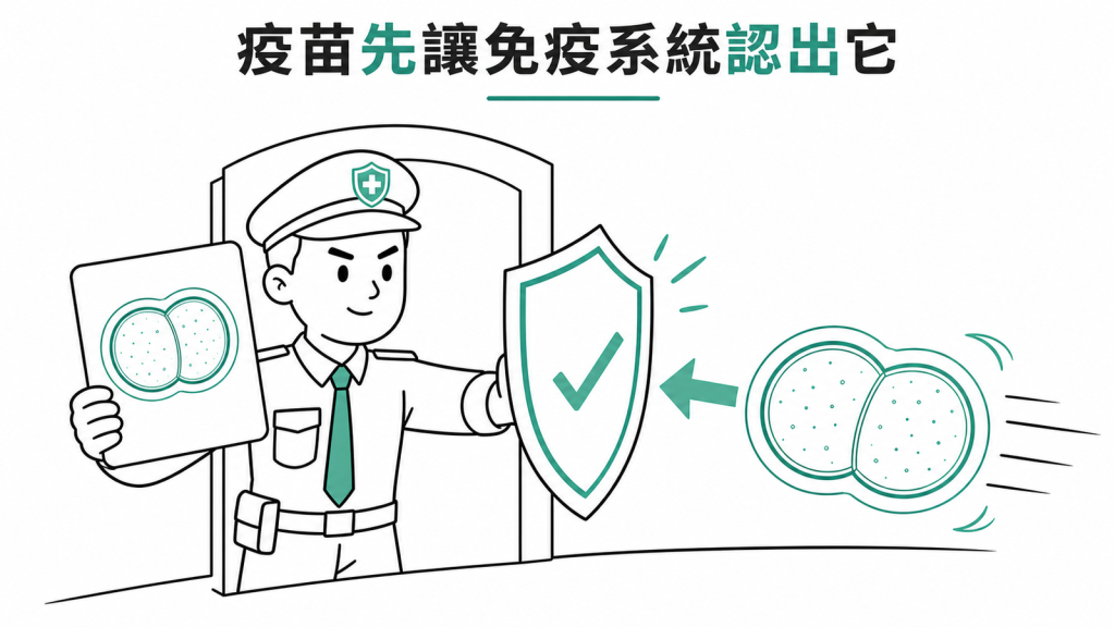 疫苗先讓免疫系統認得肺炎鏈球菌,遇到入侵時快速反應把它擋在門外