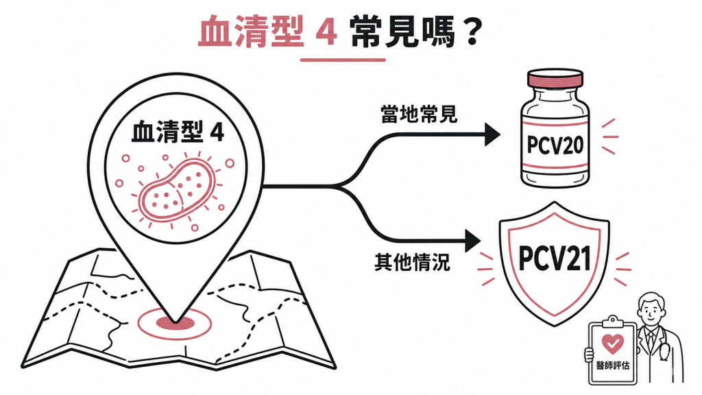 依當地血清型 4 是否常見選擇：常見選 PCV20、其他情況選 PCV21，交給醫師評估