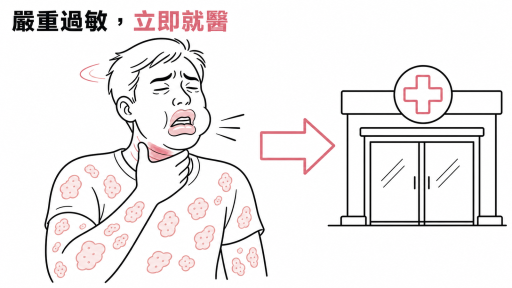 接種後若出現呼吸困難、蕁麻疹、臉部或喉嚨腫脹等嚴重過敏警訊應立即就醫
