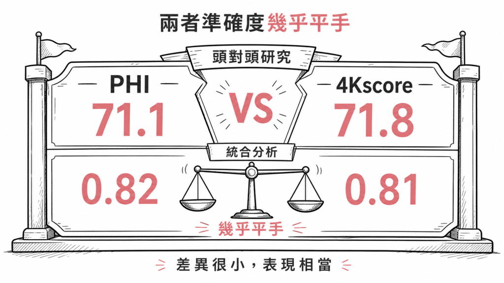 頭對頭研究高惡性度AUC PHI 71.1對4Kscore 71.8、統合分析0.82對0.81，兩者準確度幾乎平手