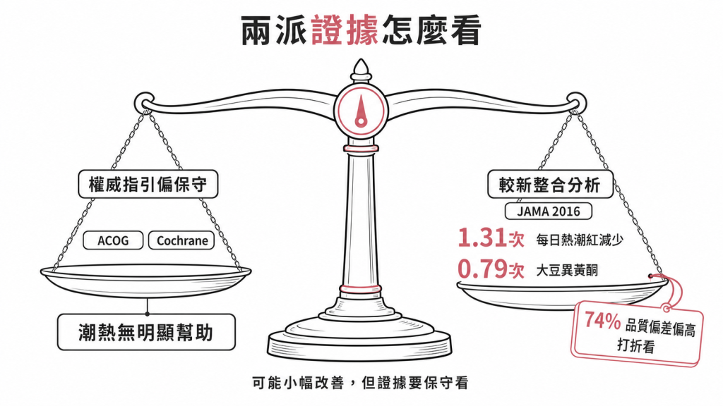 權威指引ACOG與Cochrane認為對潮熱無明顯幫助，JAMA 2016整合分析顯示每日熱潮紅減約1.31次、大豆異黃酮約0.79次但74%研究品質偏差偏高