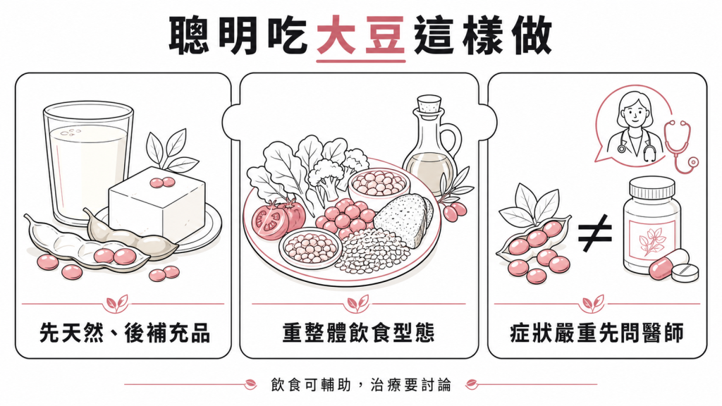 聰明吃大豆三招：先天然食物後補充品、重整體地中海飲食型態勝過單一食物、症狀嚴重先問醫師別當荷爾蒙替代品