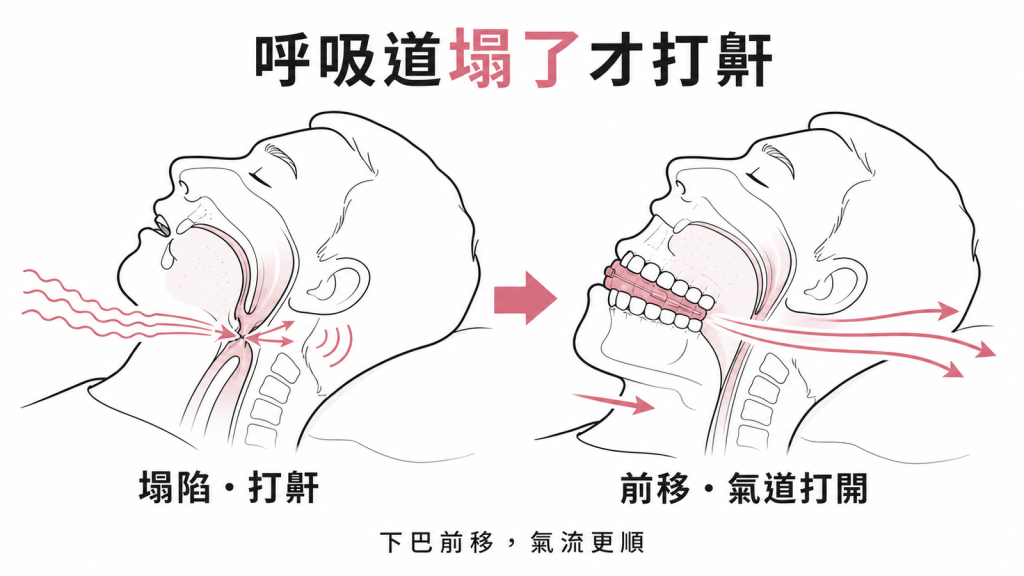 睡著時呼吸道軟壁塌陷變窄氣流震動軟組織發出鼾聲戴下顎前移裝置把下巴前移可把氣道撐開氣流更順