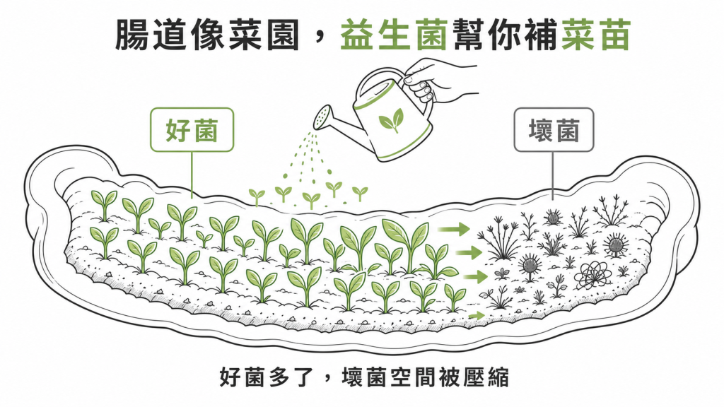腸道像菜園,益生菌像補種好菌菜苗、壓縮壞菌雜草的生長空間