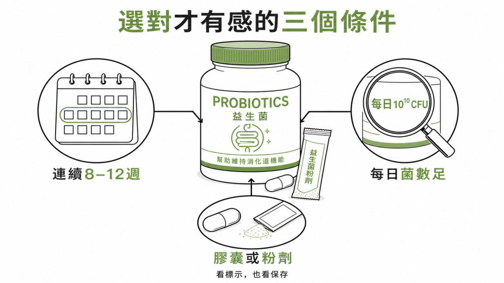 益生菌選對才有感三條件:連續8到12週、每日10的10次方CFU以上、膠囊或粉劑劑型