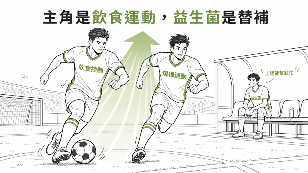 減重像球隊:飲食控制與規律運動是主力前鋒,益生菌只是上場幫點忙的替補
