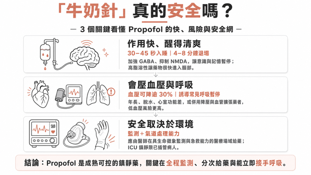 Propofol 牛奶針資訊圖：30 至 45 秒入睡、藥效 4 到 8 分鐘、血壓可降逾 30% 且誘導常見呼吸暫停，安全取決於監測與氣道處理能力