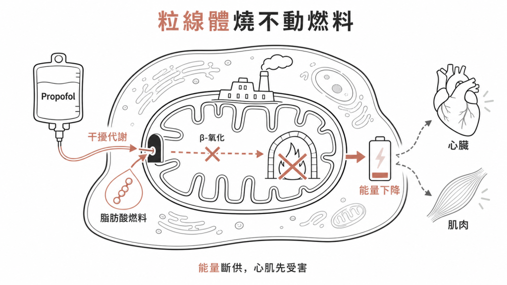 Propofol 輸注症候群 PRIS 機轉圖：propofol 干擾粒線體脂肪酸 β 氧化，細胞能量供應下降，心臟與肌肉首當其衝