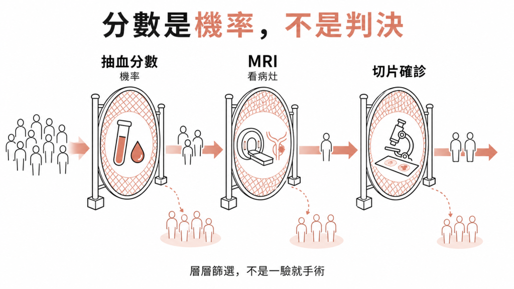 分數是機率不是診斷：抽血分數到MRI再到切片層層篩選，不是一驗就上手術台