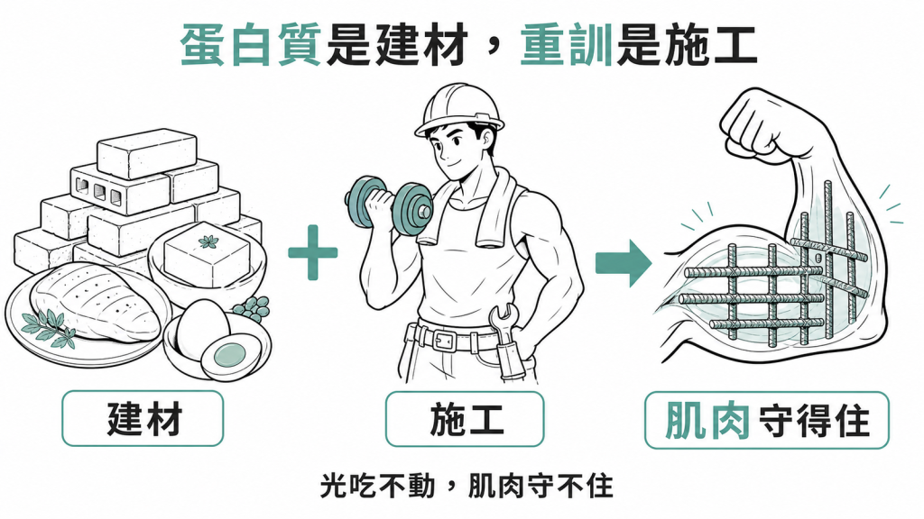 蛋白質是建材重量訓練是施工兩者一起肌肉才守得住光吃不動守不住