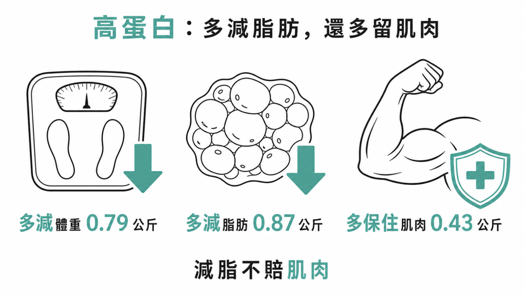 高蛋白比一般蛋白多減0.79公斤體重0.87公斤脂肪多保住0.43公斤肌肉