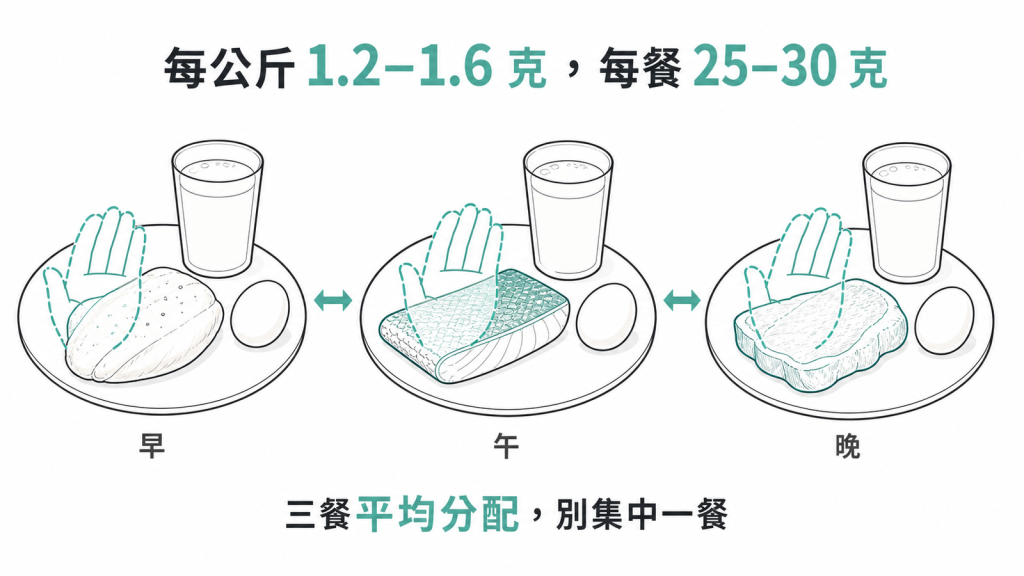 減重期每天每公斤1.2至1.6克蛋白質每餐至少25至30克三餐平均分配