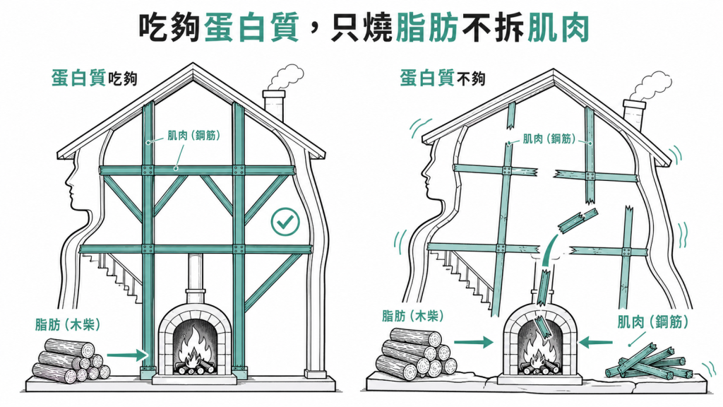 吃夠蛋白質減重時只燒脂肪木柴保住肌肉鋼筋蛋白質不夠連肌肉都被拆掉