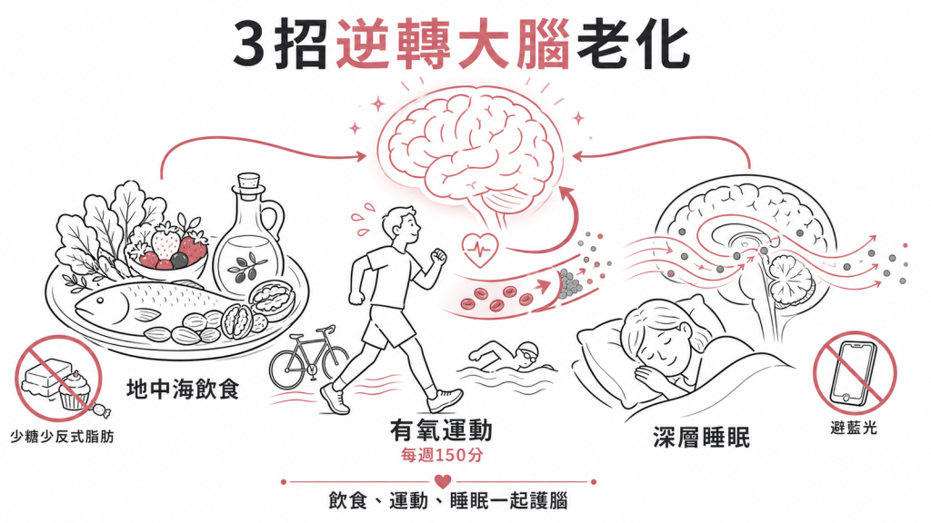 3招逆轉大腦老化:地中海飲食好油抗氧化少糖少反式脂肪、有氧運動每週150分沖刷斑塊、深層睡眠讓腦脊髓液沖洗廢物並避藍光