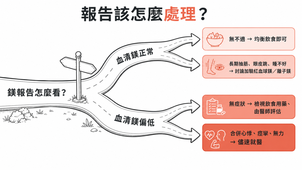 鎂報告分岔決策：血清鎂正常無不適均衡飲食、有症狀討論加驗；血清鎂偏低無症狀評估、合併心悸痙攣無力儘速就醫