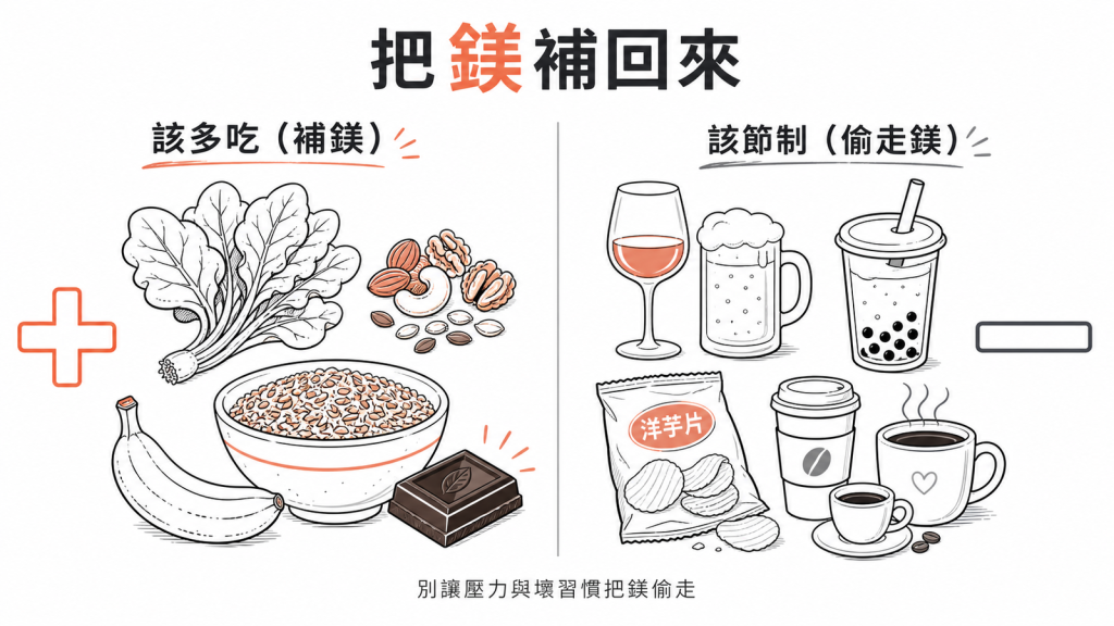 補鎂該多吃深綠蔬菜堅果全穀香蕉黑巧克力，該節制酒精含糖飲料加工食品咖啡