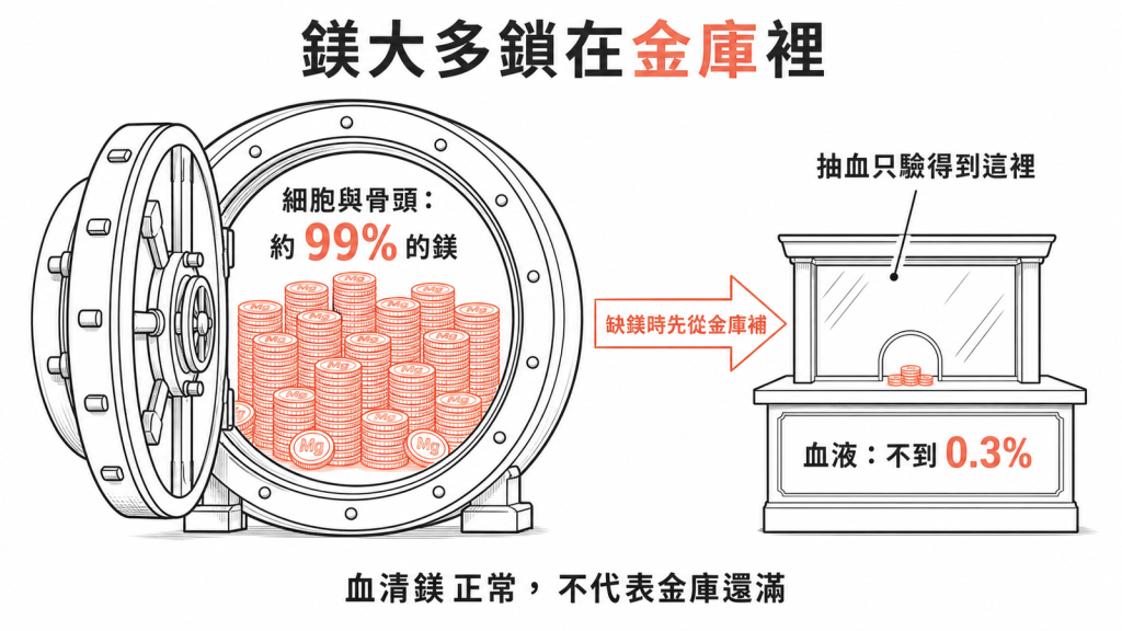 鎂約99%鎖在細胞與骨頭的金庫、血液不到0.3%，血清鎂正常不代表金庫還滿