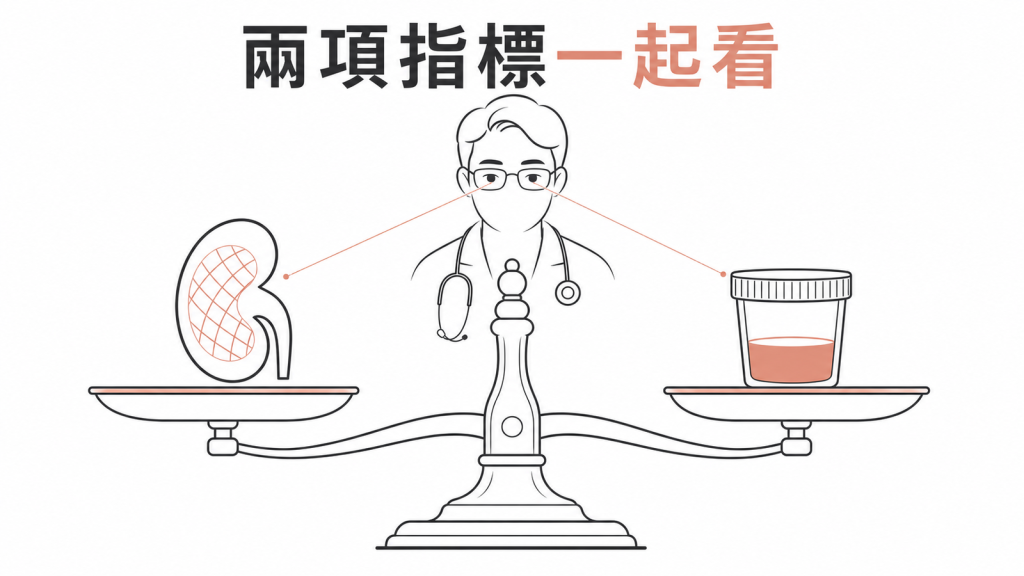 腎絲球過濾率與尿蛋白需合併判讀示意圖