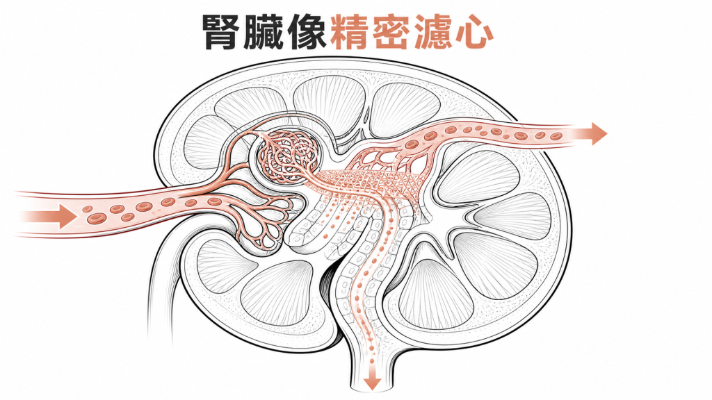 腎臟過濾功能如同精密濾心示意圖