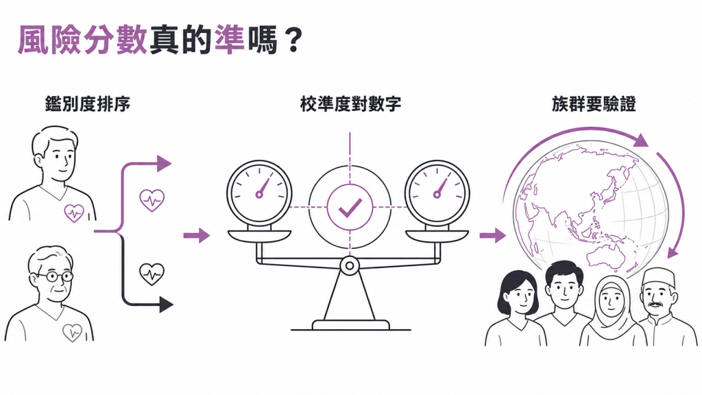 風險預測模型準不準的三個檢查點：鑑別度負責排序、校準度負責對數字、換一個族群要重新驗證