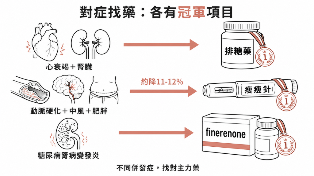 對症找藥：心衰竭腎臟找排糖藥、動脈硬化中風肥胖找瘦瘦針約降11到12%、糖尿病腎病變發炎加finerenone