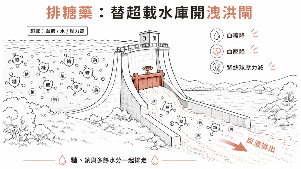 排糖藥像替超載水庫開洩洪閘，讓糖鈉與多餘水分從尿液排走，血糖血壓下降、腎絲球壓力減輕