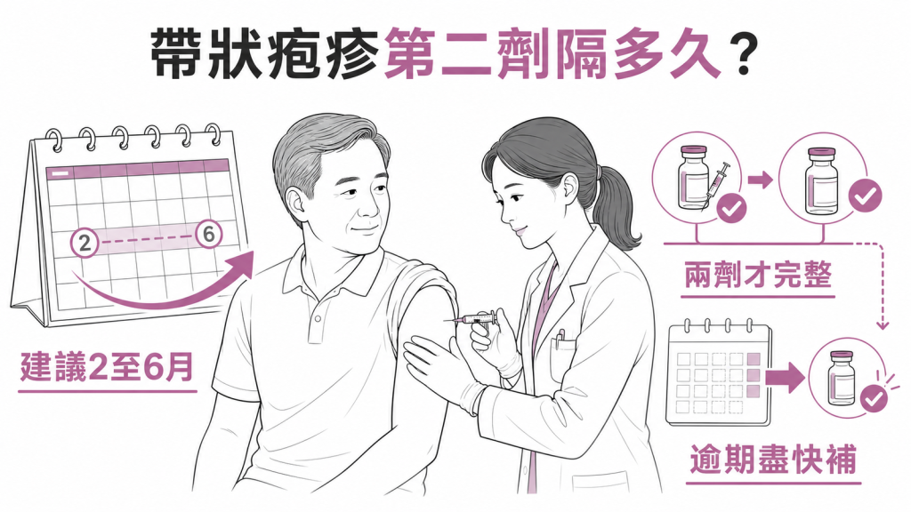 帶狀疱疹疫苗 Shingrix 第二劑間隔：建議 2 到 6 個月、間隔 8 週合規、逾期盡快補