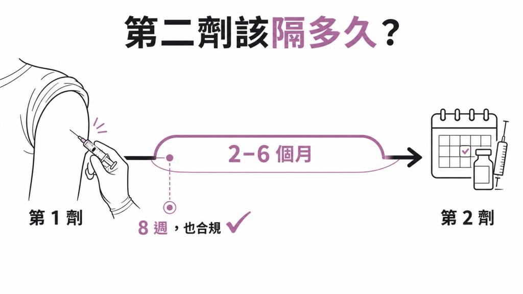 第二劑建議間隔 2 到 6 個月，間隔 8 週也完全合規
