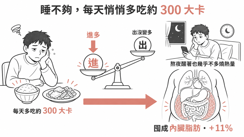 睡不夠每天多吃約300大卡熬夜醒著也幾乎不多燒熱量多出的熱量囤成內臟脂肪增加11百分比
