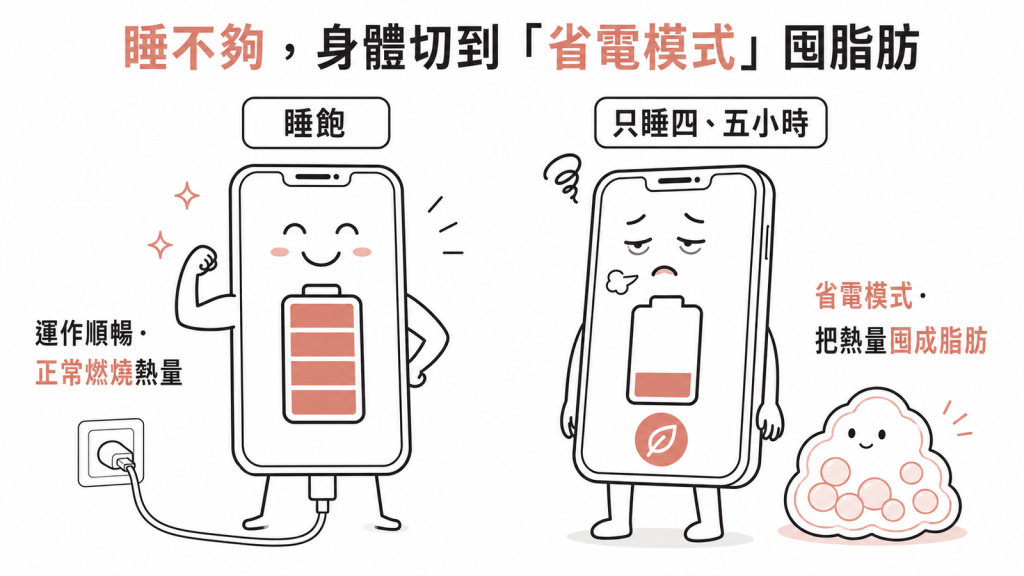 睡眠像過夜充電睡不夠像半格電身體開省電模式把熱量囤成脂肪