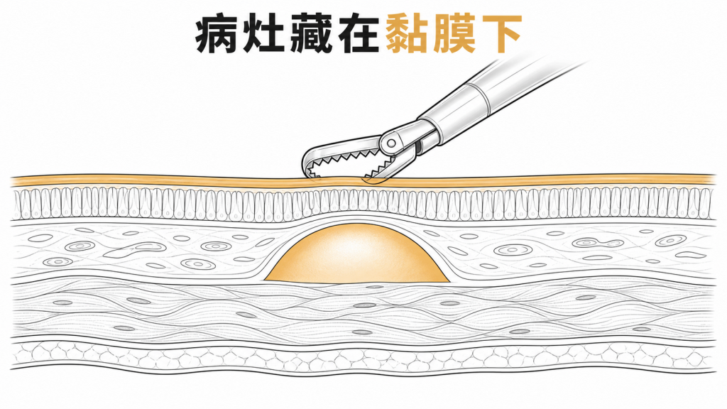 大腸黏膜下腫瘤藏在完整黏膜表面之下的剖面示意圖