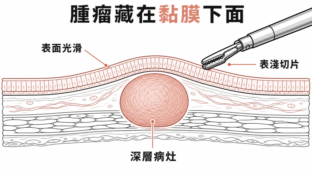 胃黏膜下腫瘤藏在光滑黏膜深層使表面隆起