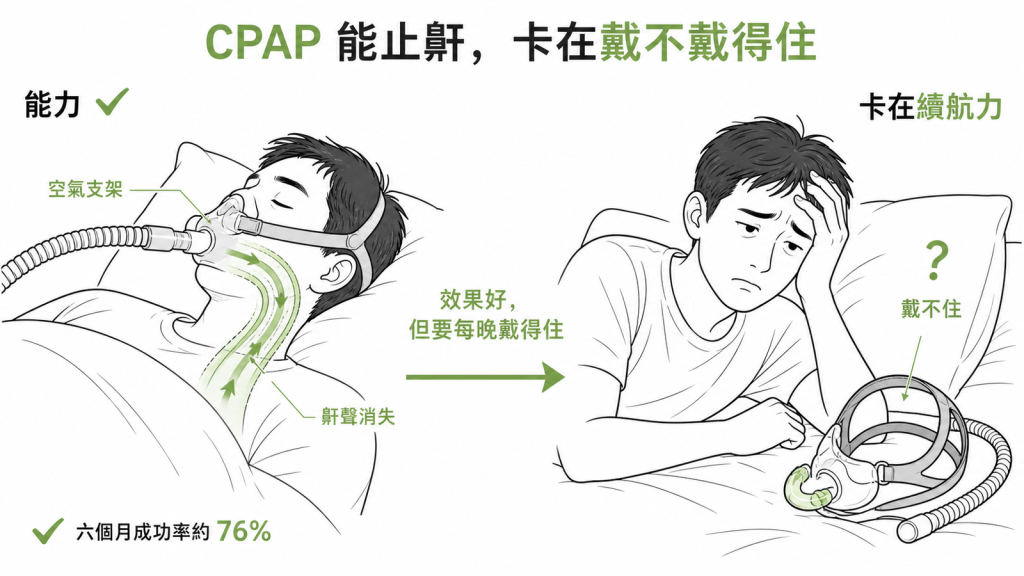 CPAP像空氣支架撐開呼吸道止鼾六個月成功率約76百分比但卡在能否每晚戴得住