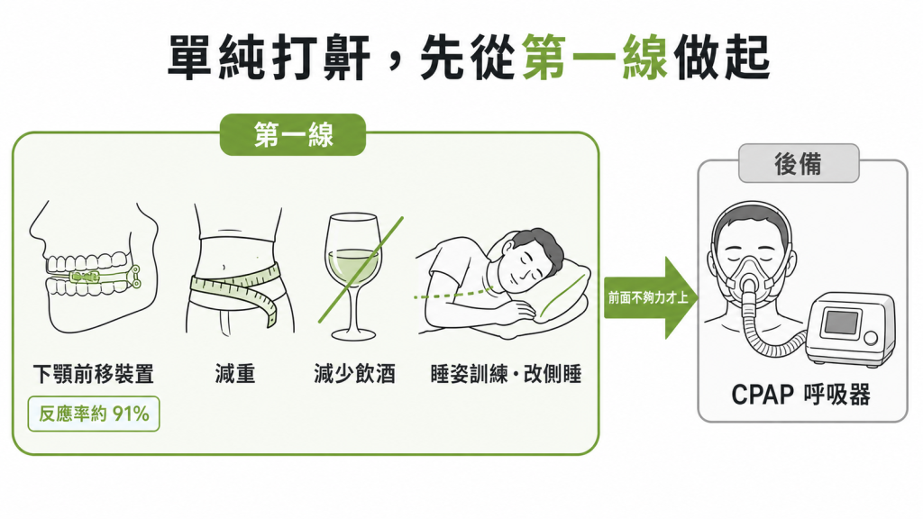單純打鼾第一線下顎前移裝置反應率約91百分比減重減少飲酒睡姿訓練改側睡CPAP為後備